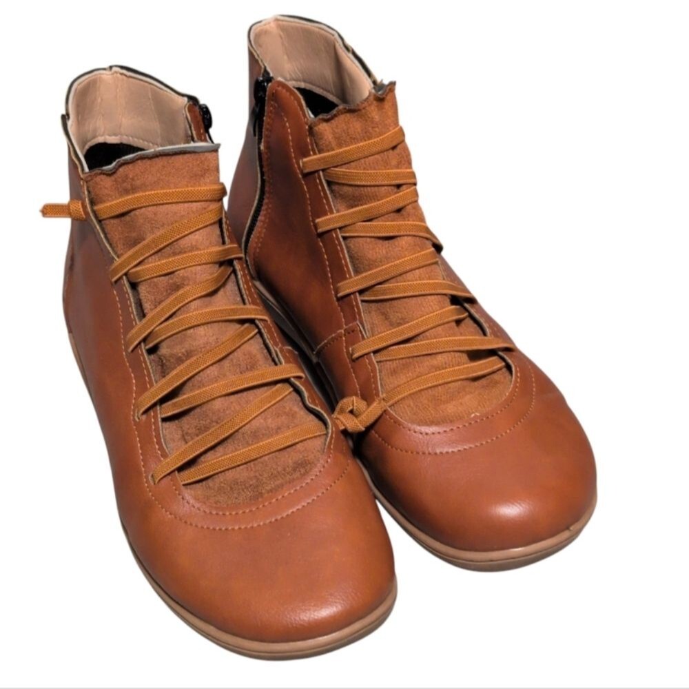 Aetrex Arch Support Faux Leather Side-Zip Booties Faux Laces brown Orthopedic 9